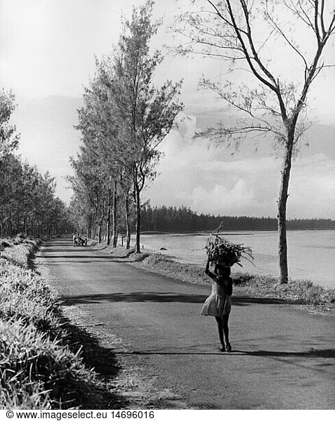 geography / travel  Mauritius  people  girl carrying fire wood on the coast road of Bel Ombre (district)  1960s  60s  20th century  historic  historical  country road  roads  coast  waterside  child  children  firewood