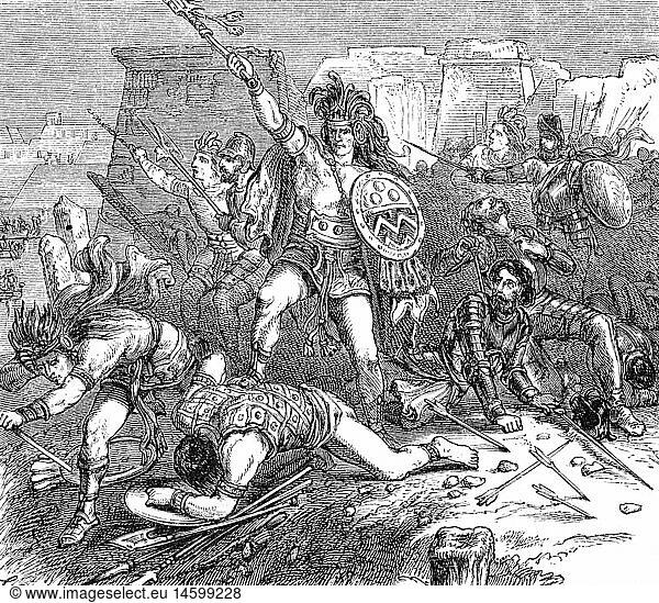 geography / travel  Mexico  people  Aztec warrior in battle  wood engraving  19th century  Central America  historic  historical  costume  cloth  ethnic  ethnology  Aztecs  war  warriors  shild  arrow  arrows  bow and arrow  military  CEAM