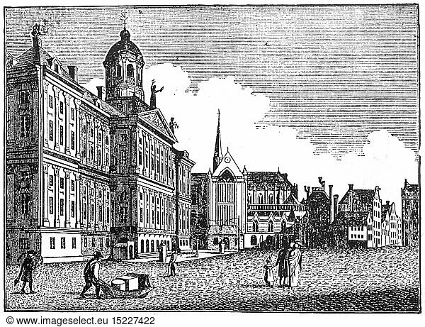 geography / travel  Netherlands  Amsterdam  castles  Paleis op de Dam (Royal palace)  exterior view  after copper engraving  early 19th century  Stadhuis  town house  town houses  Nieuwe Kerk  new church  building  buildings  square  squares  city  old town  historic city centre  historic city center  people  North Holland  Western Europe  palace  palaces  castle  castles  historic  historical