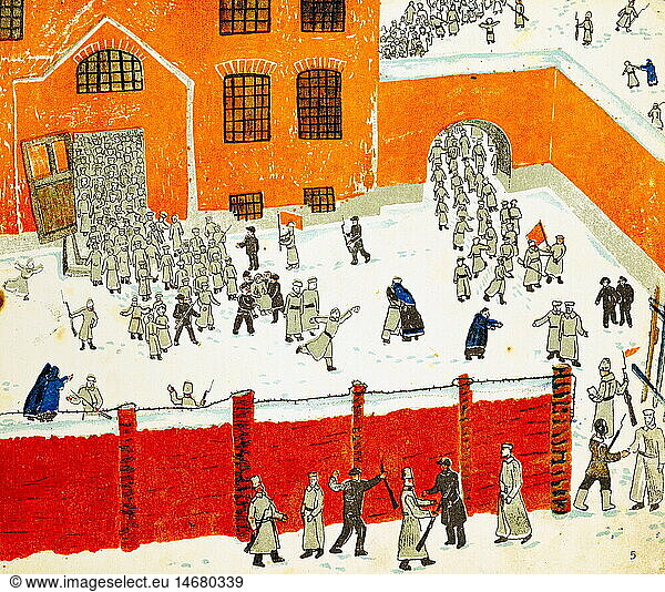 geography / travel  Russia  politics  revolution  illustration  'Red guards free imprisoned mutineers from the Petrograd prison'  five colour lithograph  Soviet Union  circa 1925  private collection