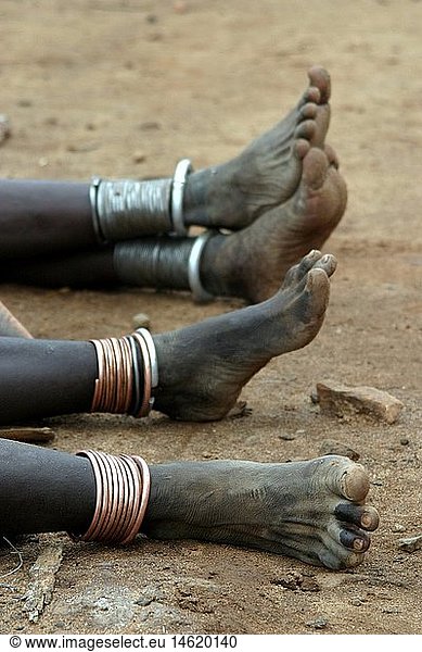 geography / travel  South Sudan  people  women  legs and foot of Toposa woman with jewellery  near Nyanyagachor