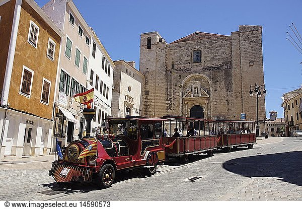 geography / travel  Spain  Balearic Islds.  Menorca  Mao (Mahon): Tourist 'train' in front of the Cathedral 'El Carmen' (1751 AD)