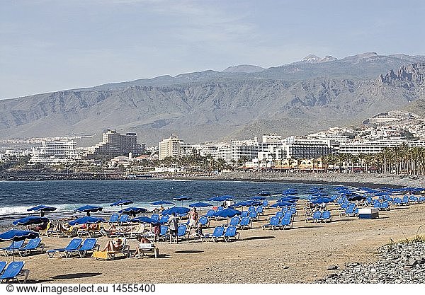 geography / travel  Spain  Canary Islands  Tenerife  Playa de las Americas  beaches  beach  tourism  Europe  Island  tourists  sunshade  deck chairs  city  village