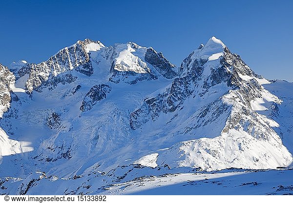 geography / travel  Switzerland  Biancograt with mountain top Bernina-4049 m  mountain top Scerscen  3971 m  mountain top Roseg 3937 m  Grisons