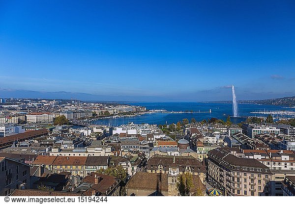 geography / travel  Switzerland  Geneva  city view with jet d'Eau and Genevan lake from the north tower of the Cathedral Saint-Pierre