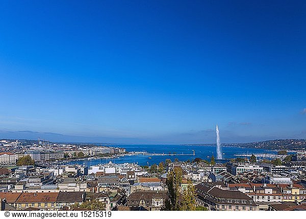 geography / travel  Switzerland  Geneva  city view with jet d'Eau and Genevan lake from the north tower of the Cathedral Saint-Pierre