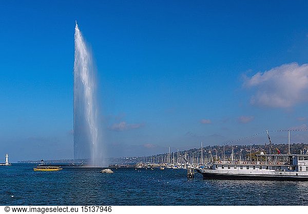 geography / travel  Switzerland  Geneva  jet d'Eau  historic paddle steamer GenÃ¨ve at quay Gustav Ador