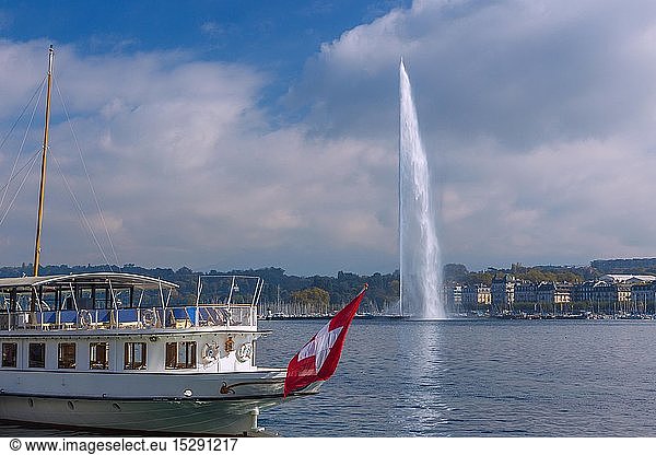 geography / travel  Switzerland  Geneva  restaurant ship at quay you Mont-Blanc with view towards jet d'Eau and quay Gustav Ador