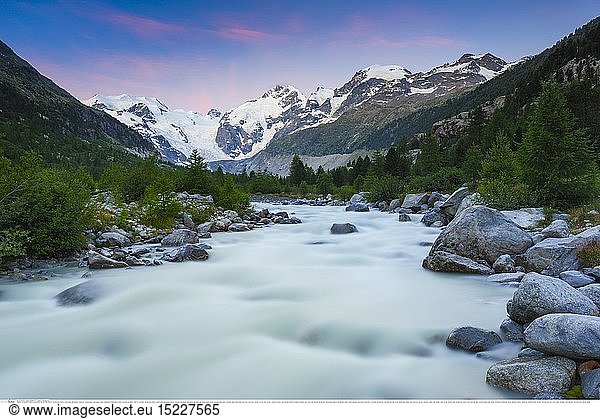 geography / travel  Switzerland  Morteratsch valley  mountain top Palue  3905 m  mountain top Bernina  4049 m  Biancograt  Morteratsch glacier  Grisons