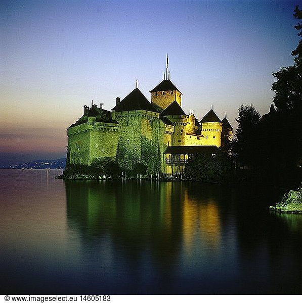 geography / travel  Switzerland  Vaud  Montreux  castles  Chillon castle at Lake Geneva by night  exterior view  near Montreux
