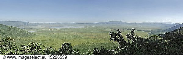 geography / travel  Tanzania  View into Ngorongoro Crater when arriving from Arusha at Crater View Point 2216m  lush vegetation in rainy season