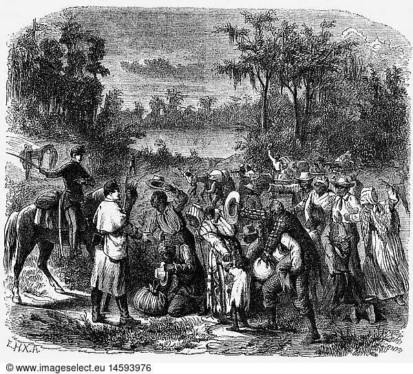 geography / travel  USA  American Civil War 1861 - 1865  runaway slaves at a Union picket  wood engraving  1863  Afroamericans  coloured  people  contraband  sentry  soldier  Federal  19th century  historic  historical