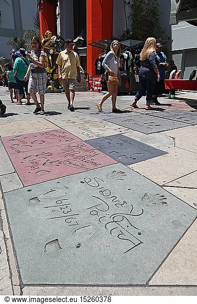 geography / travel  USA  California  Los Angeles  handheld and shoe prints  Grauman's Chinese theatre / theater  Hollywood Blvd  Hollywood