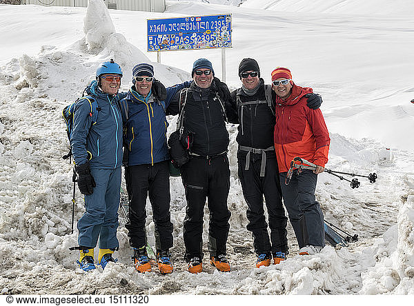 Georgia  Caucasus  Gudauri  portrait of happy ski tourers