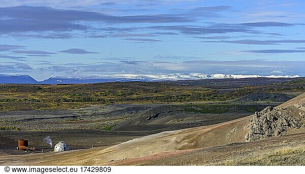 Geothermal plant and snow-capped mountains in the west  Myvatn  Norðurland eystra  Iceland  Europe