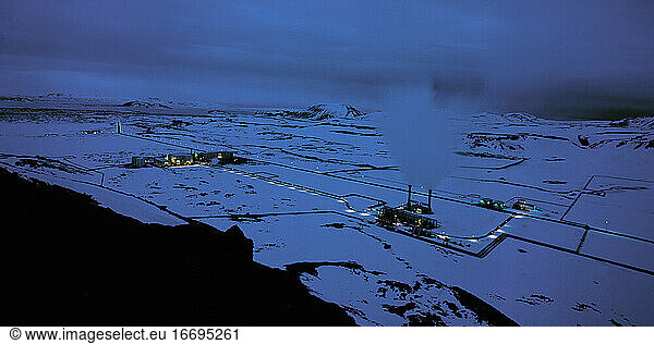 geothermal power plant in Nesjavellir   Iceland at dusk