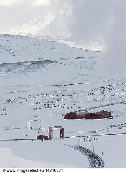 Geothermal power plant Kroefluvirkjun near the vulcano Krafla and lake Myvatn in the snowy highlands of wintery Iceland. europe  northern europe  iceland  February
