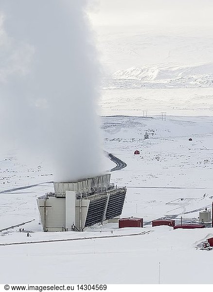 Geothermal power plant Kroefluvirkjun near the vulcano Krafla and lake Myvatn in the snowy highlands of wintery Iceland. europe  northern europe  iceland  February