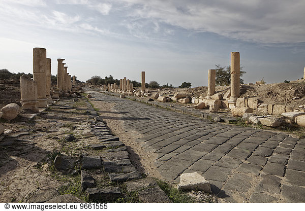 Gepflasterte Achsenstraße  Decomanus  Säulen  antikes Gadara  Umm Qais  Jordanien  Asien