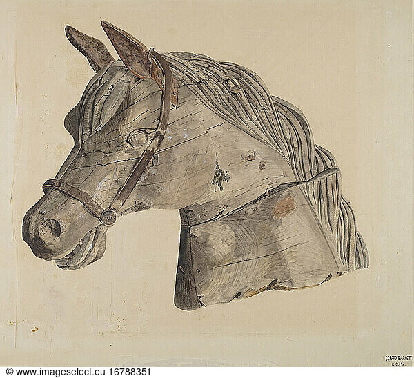 Gerard Barnett  active ca 1935. Carousel Horse’s Head  ca 1939. Watercolor  graphite  and gouache on paper  43.4 × 48.5 cm.
Inv. Nr. 1943.8.16893 
Washington  National Gallery of Art.