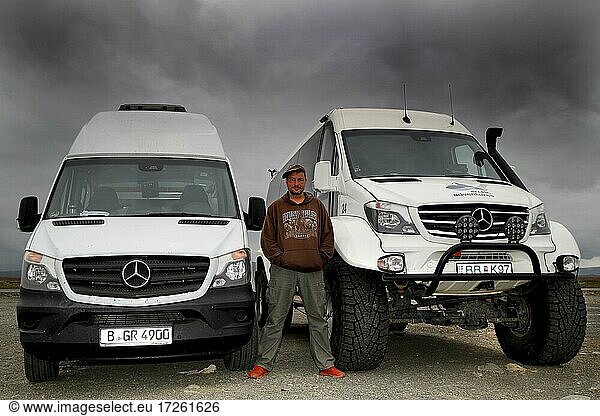 German Mercedes Sprinter camper  camper and Icelandic Sprinter bus  vehicle modified for highlands  man  Gullfoss  Golden Circle  Iceland