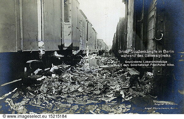 German Revolution  1918 - 1919  Berlin March fights  3.3. - 16.3.1919  looted food trains at the freight depot Frankfurter Allee  picture postcard  March 1919  food  foodstuff  pillage  pillages  looting  hunger  famine  freight train  goods train  freight trains  freight car  railway station  railroad station  train station  railway stations  railroad stations  train stations  railway  railroad  railways  railroads  Berlin  unrest  disturbances  create a disturbance  general strike  general strikes  fight  fights  struggle  struggles  March  revolution  revolutions  damage  damages  Free State of Prussia  Germany  German Reich  Weimar Republic  20th century  1910s  freight depot  freight depots  frankfurter  frankforter  avenue  avenues  picture postcard  picture postcards  historic  historical