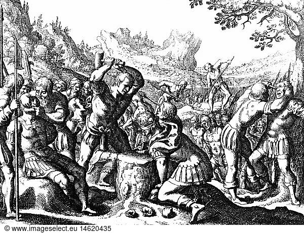 Germanic Wars Germanic Wars Battle Of The Teutoburg Forest 9 AD   Image Stock Germanic Wars   Battle Of The Teutoburg Forest     Ad   Germanics Sacrifice Captive Romans To Their Gods   Copper Engraving   By Matthaeus Merian The Elder               From  Johann Ludwig Gottfried   Historische Chronica   Frankfurt          Defeat   Winner   Winners   Loser   Losers   The Loser   Sacrifice   Sacrifices   Human Sacrifice   Religion   Religions   Paganism   Germanic War Of Varus   Germania   Roman Empire   Ancient World   Ancient Times   Historic   Historical   Ancient World   People 014620000 14620435 