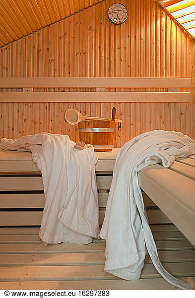 Germany  Aachen  sauna  wooden benches  bathrobes  brush and tub