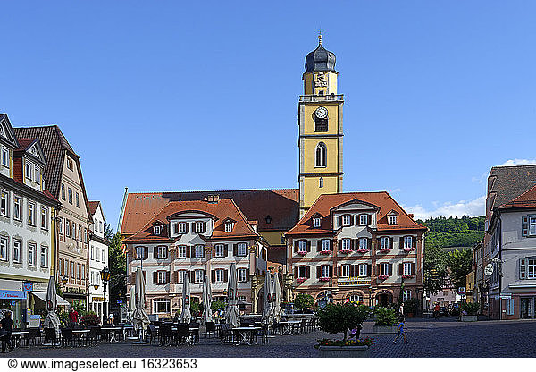 Germany  Bad Mergentheim  twin houses and tower of St John's Minster