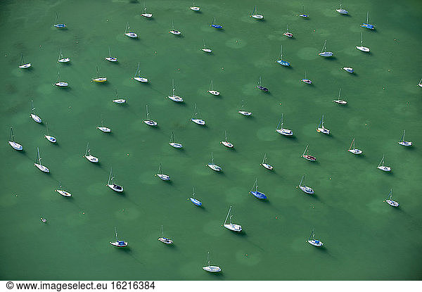 Germany  Baden Württemberg  Friedrichshafen  Lake Constance  Anchored sailboats  aerial view