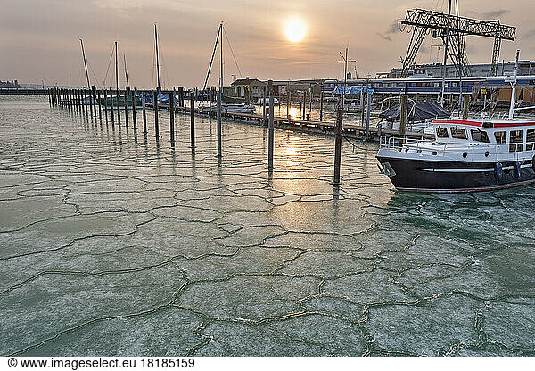 Germany  Baden-Wuerttemberg  Lake Constance  Constance  ice floes around ship and empty jetties with dolphins in the harbor at sunrise