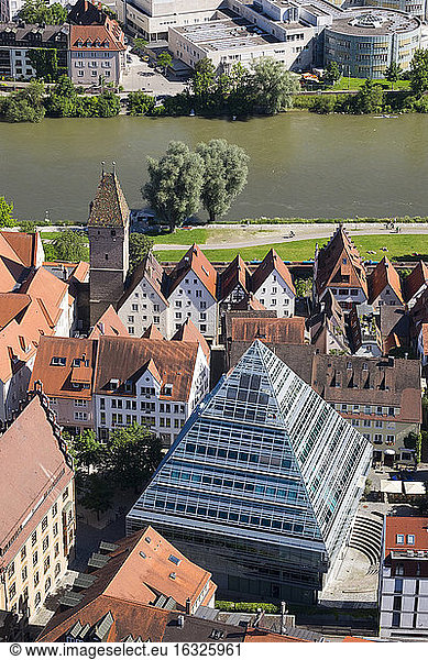 Germany  Baden-Wuerttemberg  Ulm  glass pyramide with central library  Danube river and tower Metzgerturm