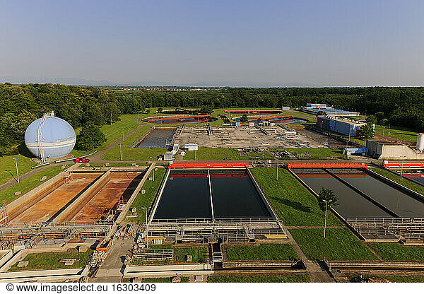 Germany  Baden Wuerttemberg  Ulm  View of sedimentation tanks on site of water treatment plant