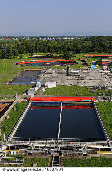 Germany  Baden Wuerttemberg  Ulm  View of sedimentation tanks on site of water treatment plant