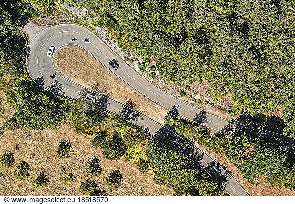 Germany  Baden-Wurttemberg  Aerial view of hairpin curve of asphalt road in Black Forest