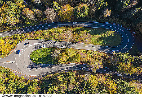 Germany  Baden-Wurttemberg  Aerial view of winding road in Black Forest