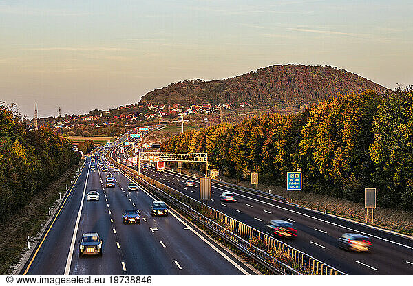 Germany  Baden-Wurttemberg  Aichelberg  Traffic on Bundesautobahn 8 at dusk