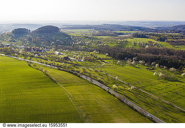 Germany  Baden-Wurttemberg  Beuren  Drone view of green countryside landscape in spring