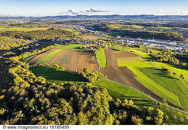Germany  Baden-Wurttemberg  Drone view of autumn fields in Vilstal valley