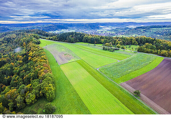 Germany  Baden-Wurttemberg  Drone view of green rural landscape of Wieslauftal valley
