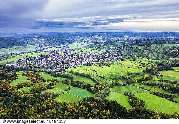 Germany  Baden-Wurttemberg  Drone view of town in Wieslauftal valley