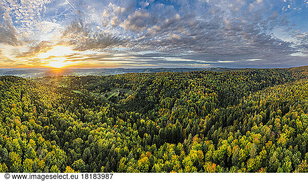 Germany  Baden-Wurttemberg  Drone view of Wieslauftal forest at autumn sunset