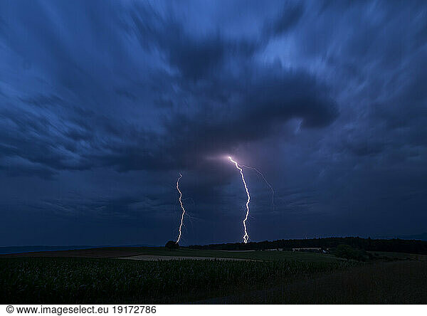 Germany  Baden-Wurttemberg  Long exposure of summer thunderstorm at night