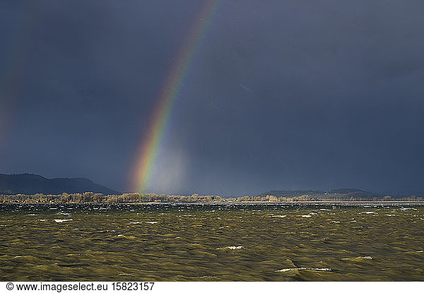 Germany  Baden-Wurttemberg  Radolfzell am Bodensee  Rainbow over Lake Constance during storm