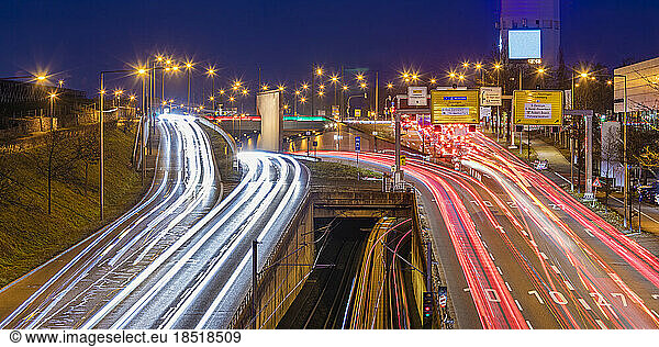Germany  Baden-Wurttemberg  Stuttgart  Vehicle light trails on federal highways B10 and B27 at night