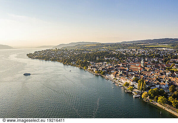 Germany  Baden-Wurttemberg  Uberlingen  Aerial view of city on shore of Bodensee at sunset