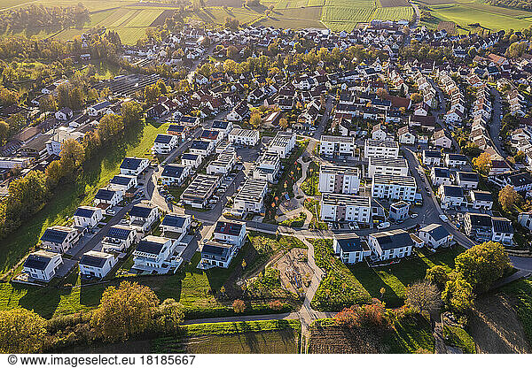 Germany  Baden-Wurttemberg  Waiblingen  Aerial view of modern energy efficient suburb in autumn