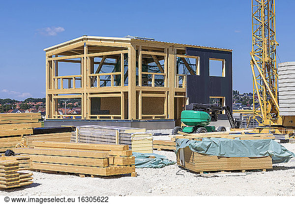 Germany  Baden-Wurttemberg  Wooden frame of new building under construction