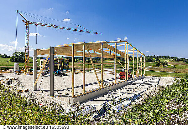 Germany  Baden-Wurttemberg  Wooden frame of new building under construction