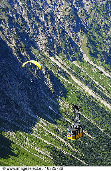 Germany  Bavaria  Allgaeu  Allgaeu Alps  Tandem paragliders and Nebelhorn Cable Car